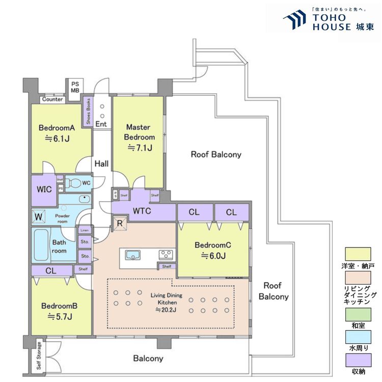間取り ４ＬＤＫ、専有面積１０３．６３平米、バルコニー面積１８平米、ルーフバルコニー面積３５．８５平米