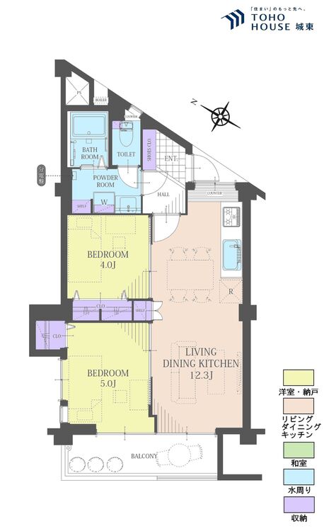 間取り ２ＬＤＫ、専有面積５０．４１平米、バルコニー面積６．２１平米