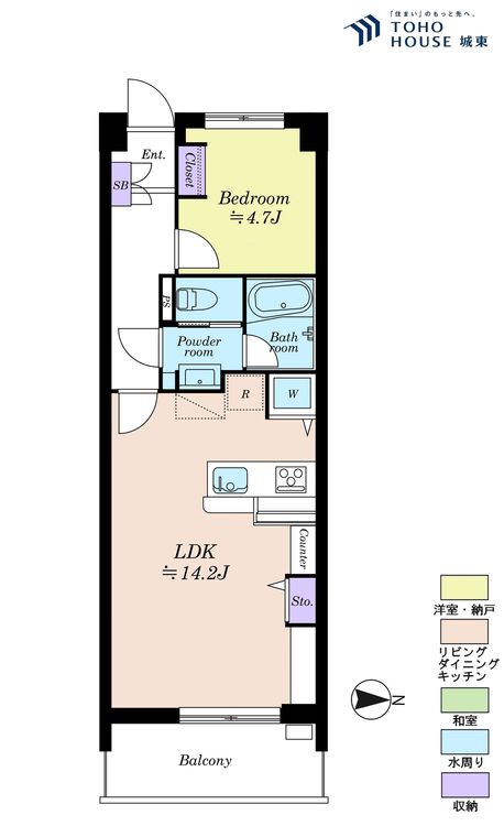 間取り １ＬＤＫ、専有面積４３．６平米、バルコニー面積６平米
