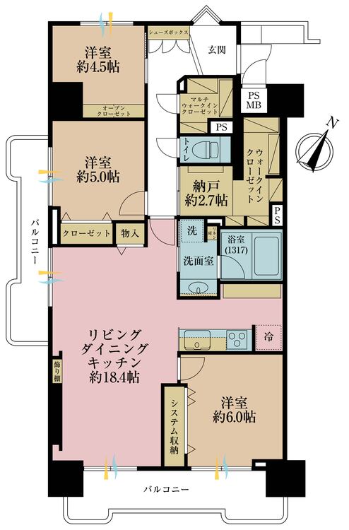 間取り 3LDK+S（納戸）、専有面積87.32m2、バルコニー面積14.94m2