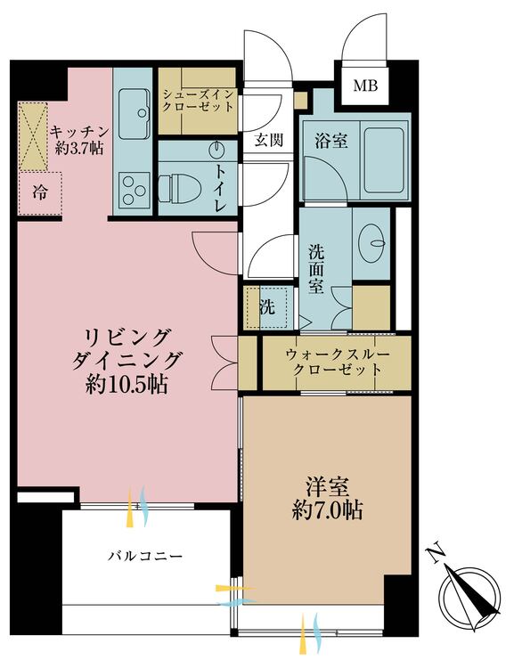 間取り 1LDK、専有面積52.16m2、バルコニー面積7.2m2