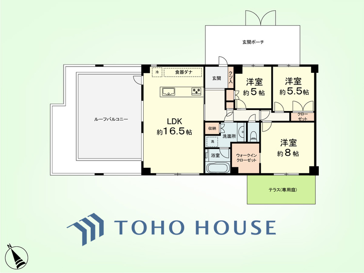 間取り 3LDK　専有面積81.03平米、ルーフバルコニー面積40.70平米、専用庭面積25.7平米