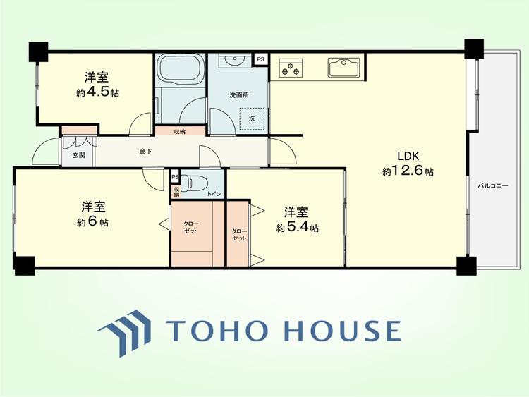 間取り 3LDK　専有面積69.49平米、バルコニー面積7.96平米