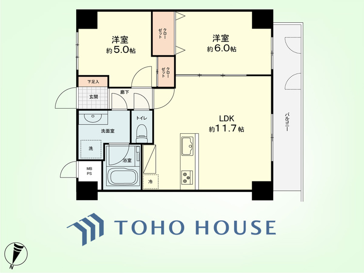 間取り 2LDK　専有面積50.4平米、バルコニー面積7.26平米