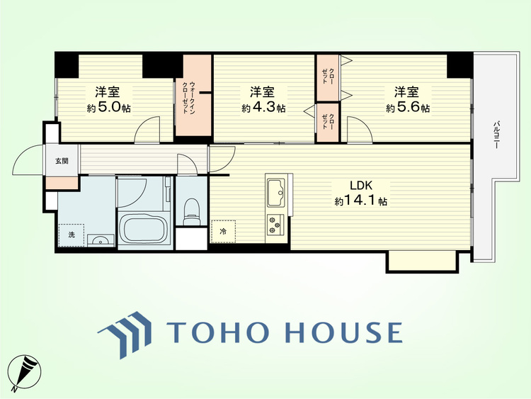 間取り 3LDK　専有面積64.87平米、バルコニー面積5.89平米