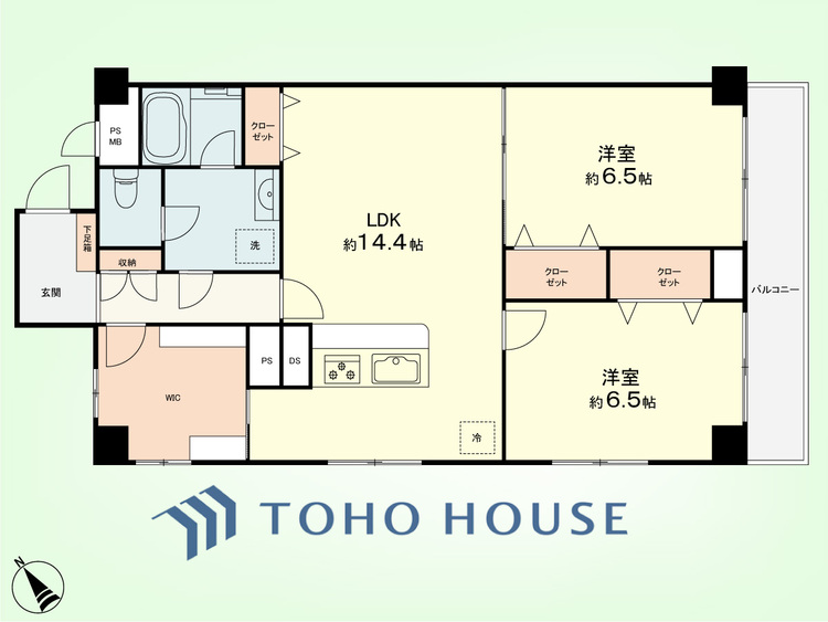 間取り 2LDK　専有面積70.60平米、バルコニー面積6.30平米