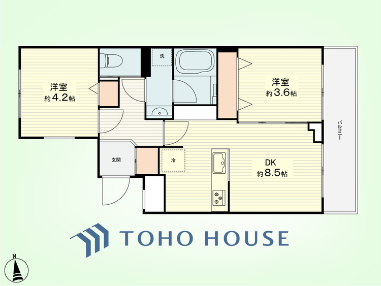 間取り 2DK　専有面積40.30平米、バルコニー面積5.10平米