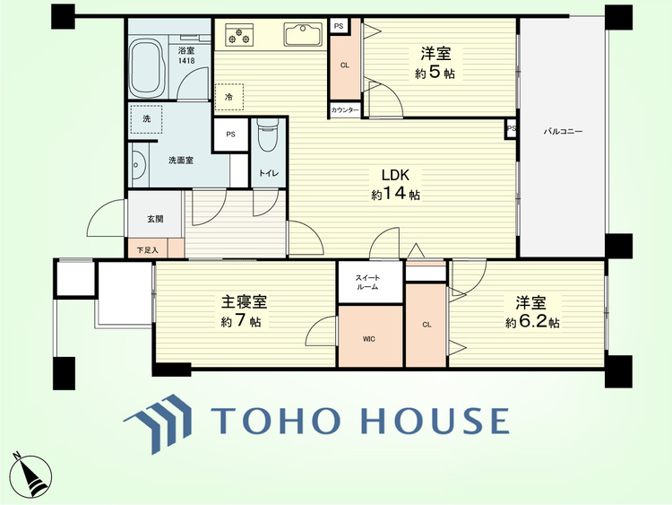 間取り 3LDK+スイートルーム　専有面積75.24平米、バルコニー面積10.4平米