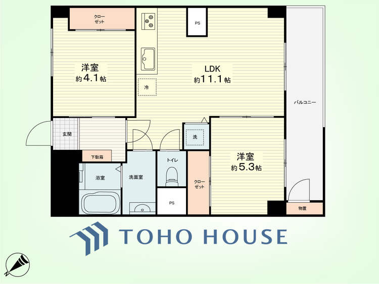 間取り 2LDK　専有面積55.7平米、バルコニー面積6.5平米