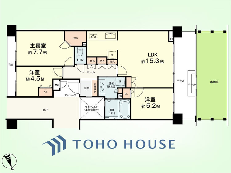 間取り 3LDK　専有面積73.74平米、テラス面積12.78平米、専用庭面積18.46平米