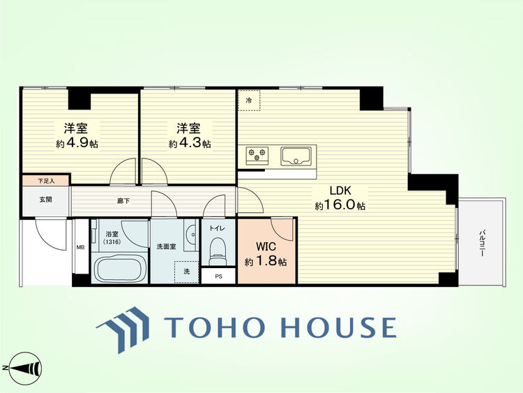 間取り 2LDK　専有面積57.42平米、バルコニー面積3.07平米