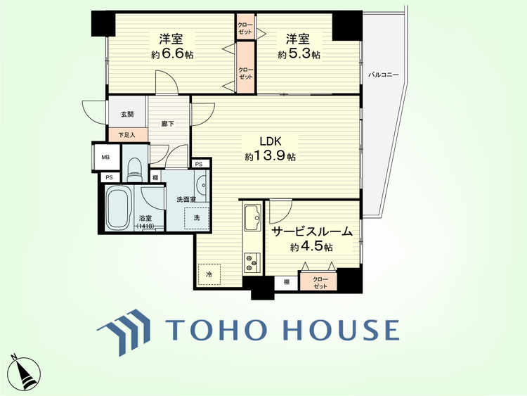 間取り 2SLDK　専有面積66.41平米、バルコニー面積7.25平米