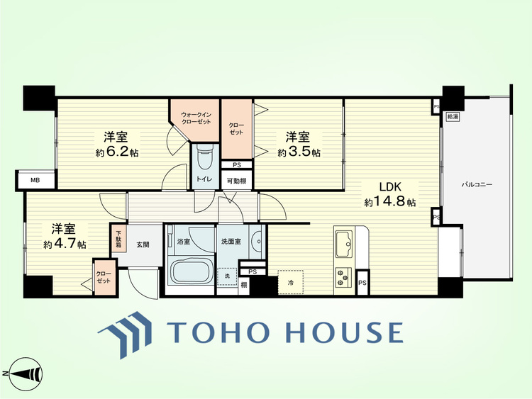 間取り 3LDK　専有面積67.71平米、バルコニー面積10.53平米