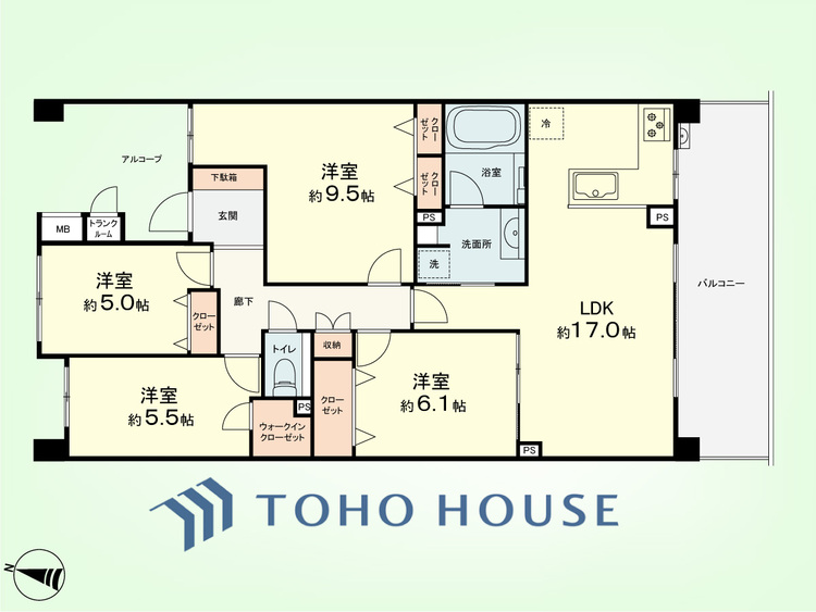 間取り 4LDK+トランクルーム　専有面積92.91平米、バルコニー面積15.2平米
