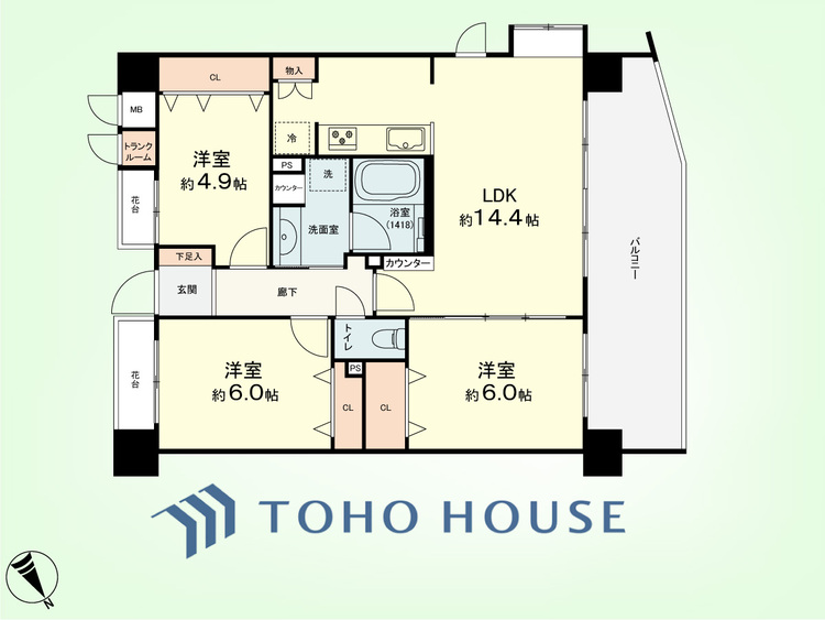 間取り 3LDK+TR　専有面積70.59平米、バルコニー面積18平米