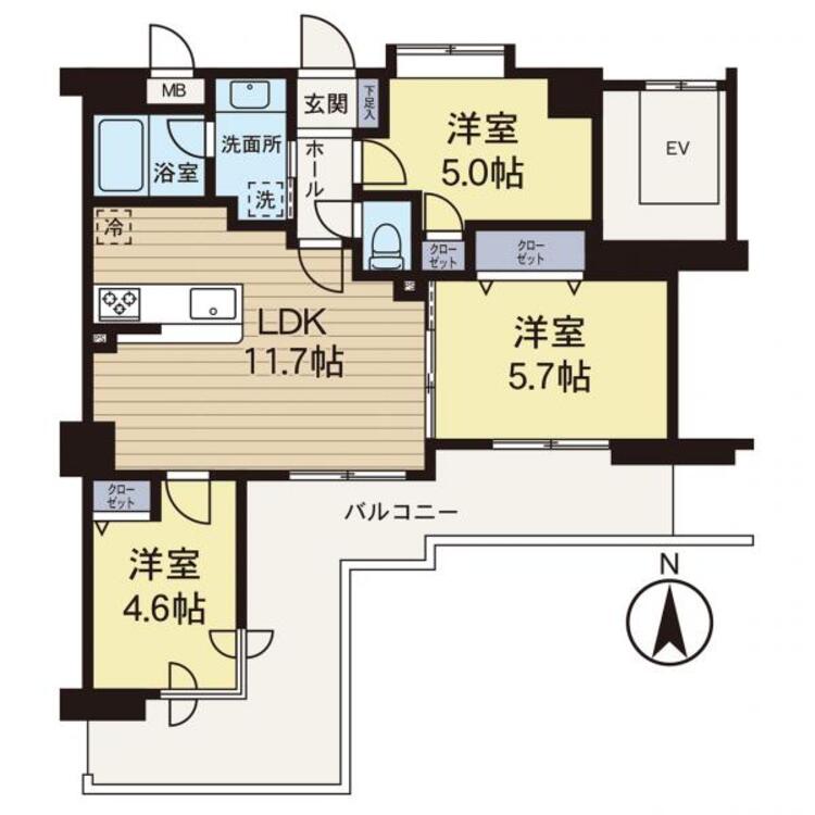間取り 【間取り図】南向きで陽当たりが良い3LDKの間取りでございます。