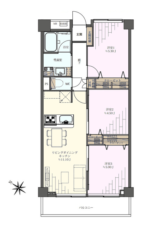 その他 3LDK、専有面積58.86m2、バルコニー面積5.94m2