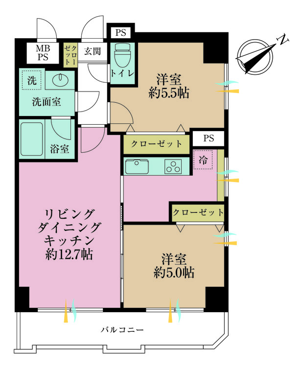 その他 2LDK、専有面積51.89m2、バルコニー面積7.64m2
