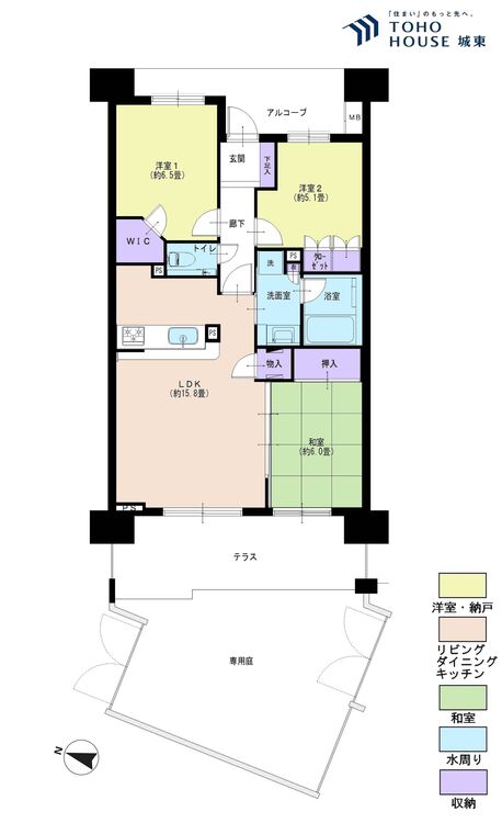 間取り ３ＬＤＫ、専有面積７３．４５平米、テラス面積１４．０１平米、専用庭面積２９．７平米