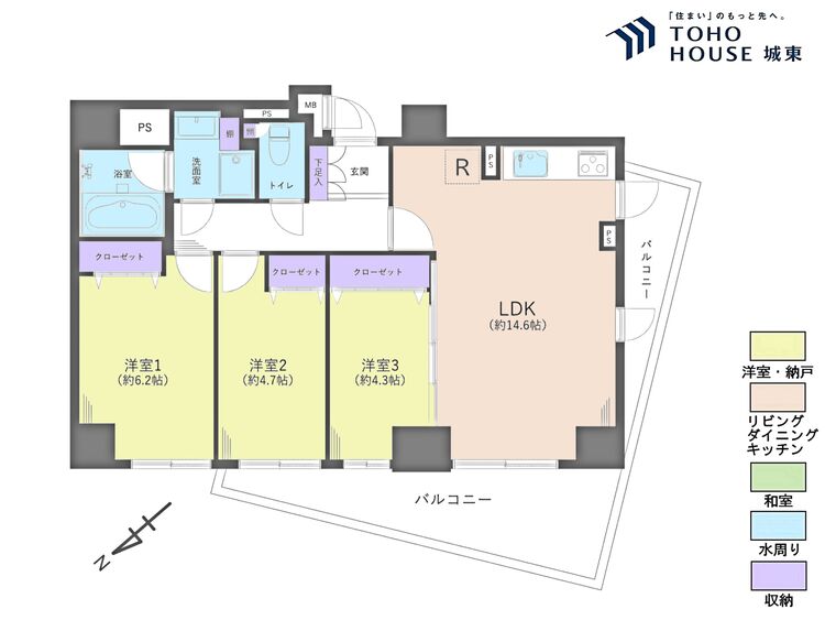 間取り ３ＬＤＫ、専有面積６８平米、バルコニー面積１４．８平米