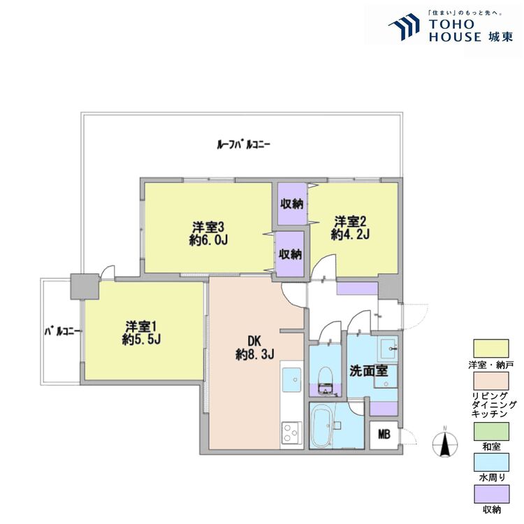 間取り ３ＤＫ、専有面積５４．２１平米、バルコニー面積３．３６平米、ルーフバルコニー面積２１．７７平米
