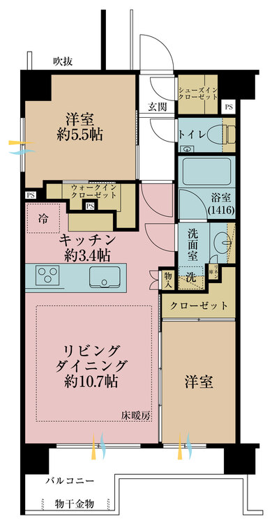 間取り ２ＳＬＤＫ、専有面積５４．５２平米、バルコニー面積６．７７平米