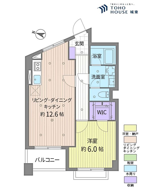 間取り １ＬＤＫ、専有面積４５．０８平米、バルコニー面積３．９１平米