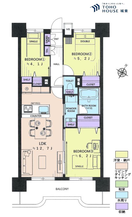 間取り ３ＬＤＫ、専有面積６０．８０平米、バルコニー面積９．３７平米