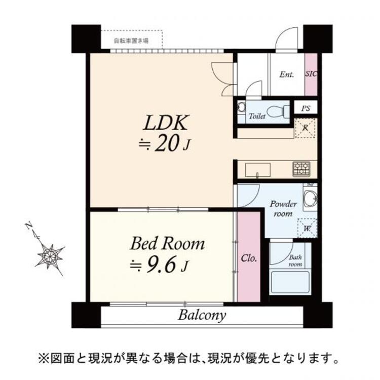 間取り 間取図　１ＬＤＫ　玄関ドア脇に自転車1台分の駐輪スペース有り（無償）