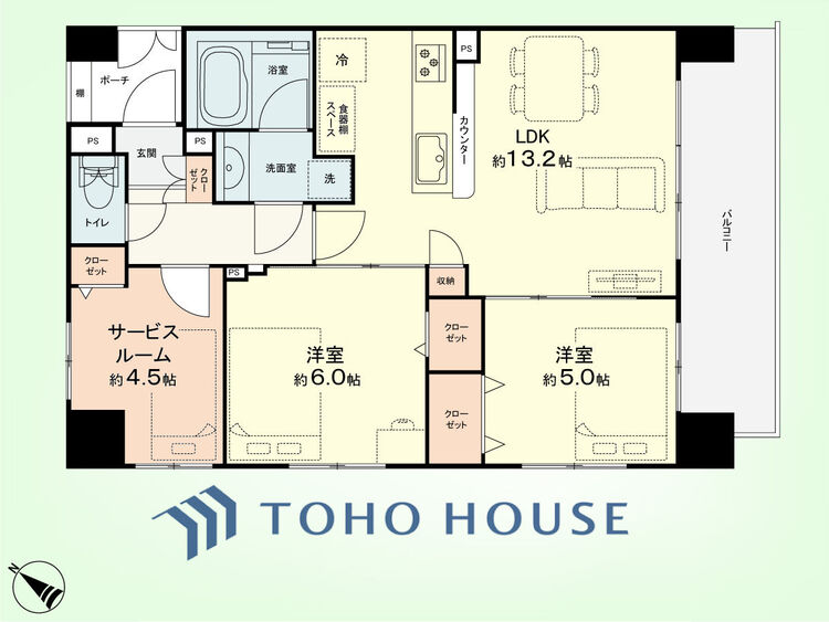 間取り 2SLDK　専有面積61.85平米、バルコニー面積10.08平米