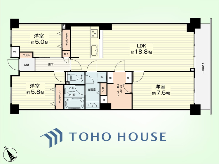 間取り 3LDK　専有面積80.48平米、バルコニー面積7.44平米