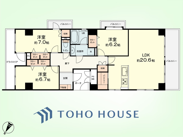 間取り 3LDK+パントリー　専有面積93.28平米、バルコニー面積13.61平米