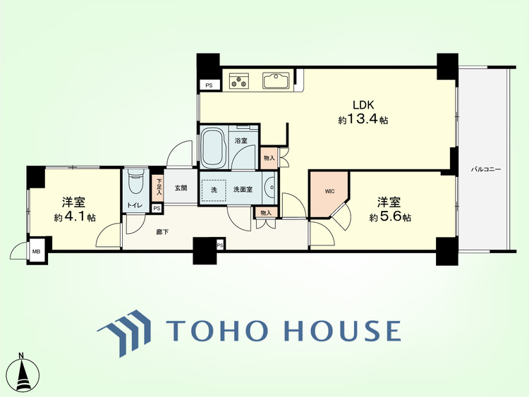 間取り 2LDK　専有面積55.5平米、バルコニー面積8.25平米