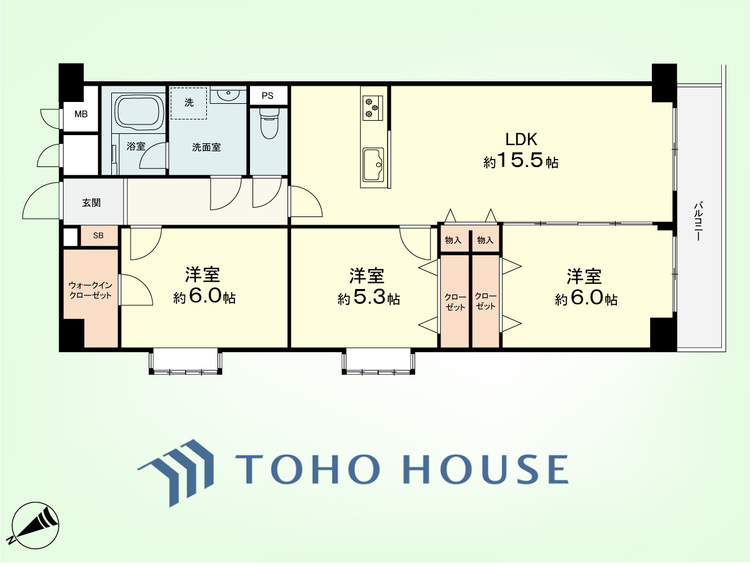 間取り 3LDK　専有面積74.48平米、バルコニー面積6.72平米