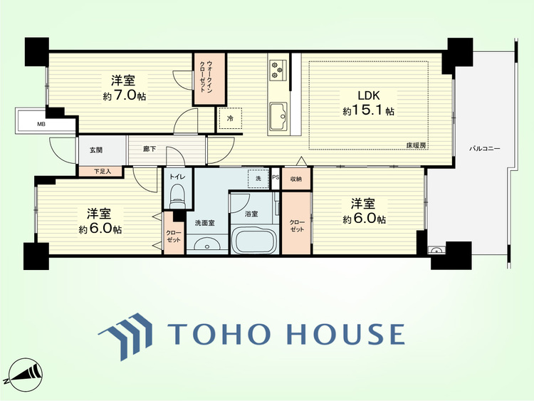間取り 3LDK　専有面積75.09平米、バルコニー面積13.53平米