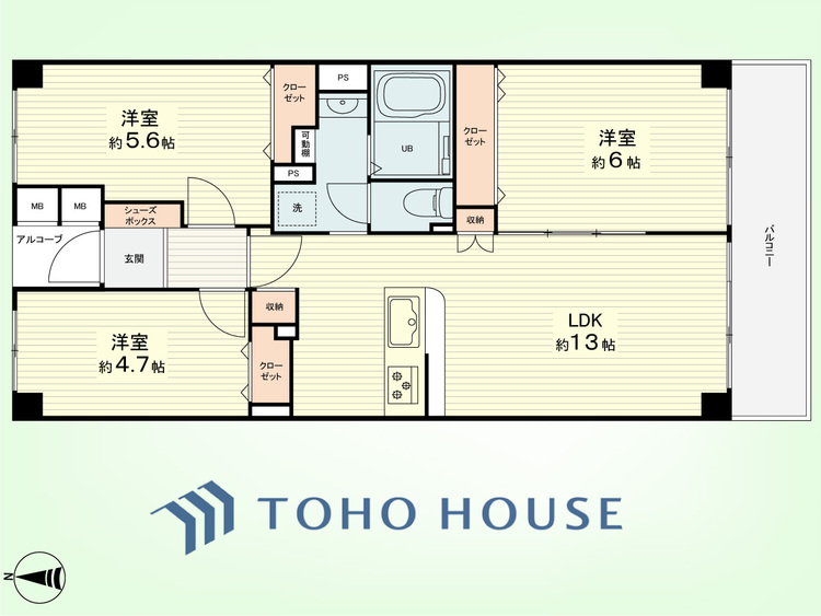 間取り 3LDK　専有面積65.32平米、バルコニー面積6.96平米