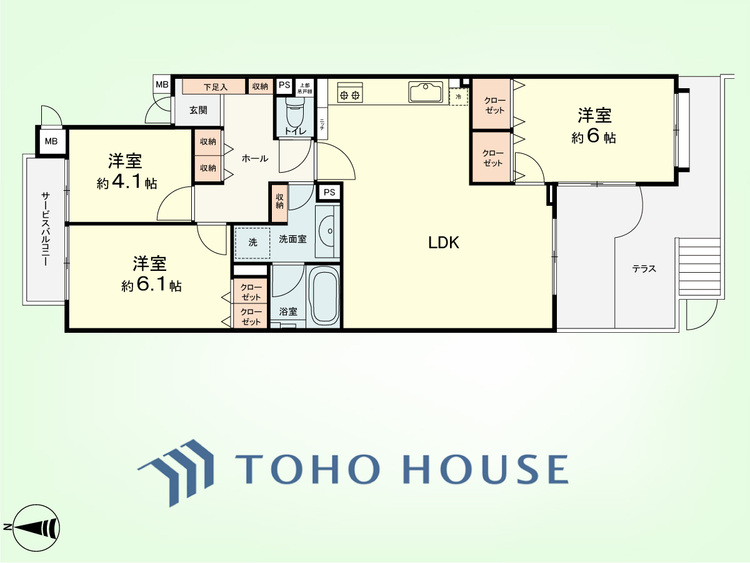間取り 3LDK　専有面積77.39平米、テラス面積16.46平米、バルコニー面積3.3平米