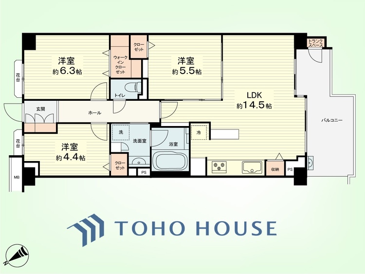 間取り 3LDK　専有面積70.92平米、バルコニー面積10.04平米