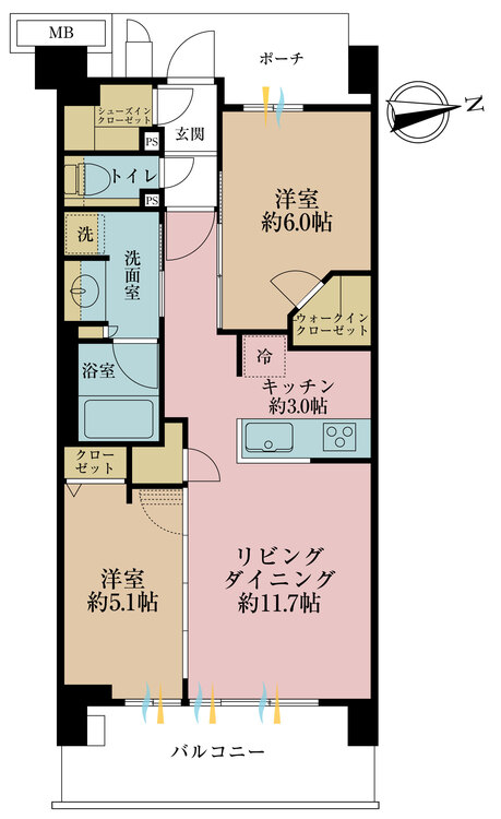 その他 2LDK、専有面積59.22m2、バルコニー面積10.45m2