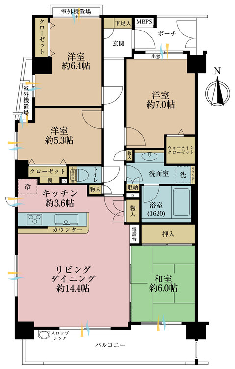 間取り ４ＬＤＫ、専有面積９５．３平米、バルコニー面積１１．６６平米