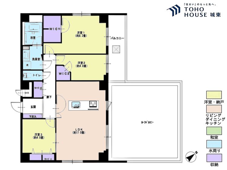 間取り ３ＬＤＫ、専有面積８４．００平米、バルコニー面積１８．００平米