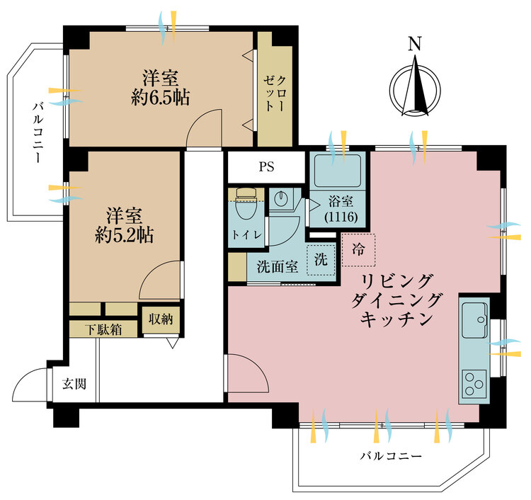 その他 2LDK、専有面積68.14m2、バルコニー面積9.72m2