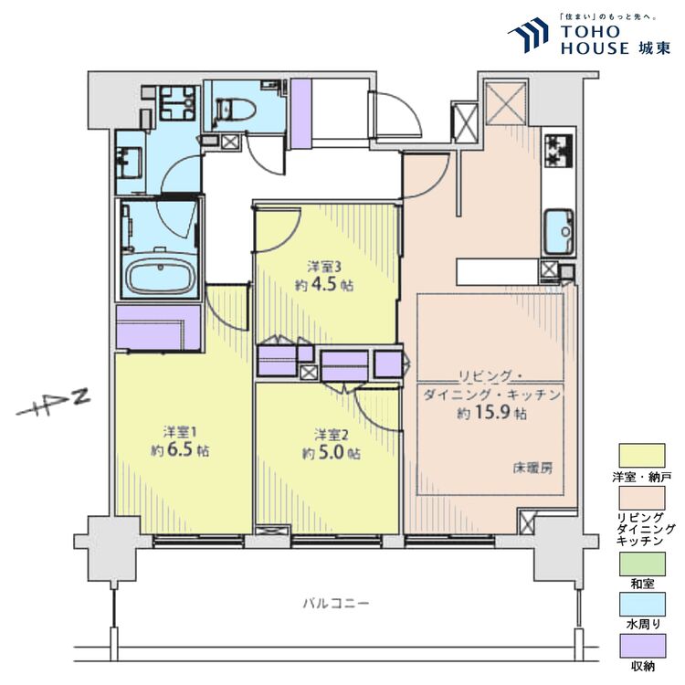間取り ３ＬＤＫ、専有面積７２．２２平米、バルコニー面積１７．４平米