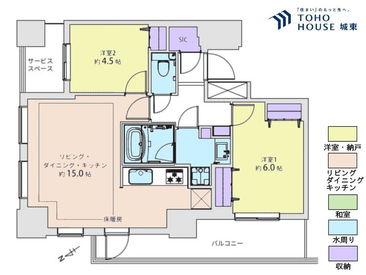 間取り ２ＬＤＫ、専有面積５７．４３平米、バルコニー面積１３．３６平米