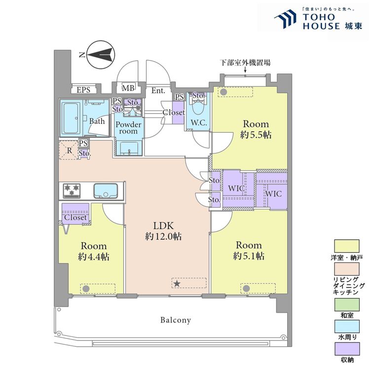 間取り ３ＬＤＫ、専有面積６０．０６平米、バルコニー面積１６．１８平米