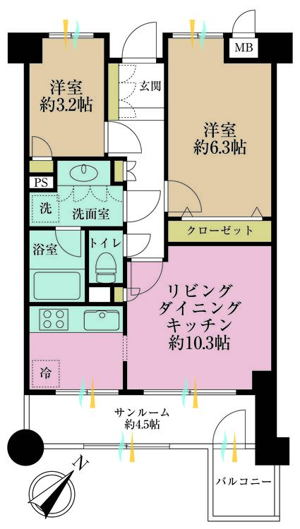その他 2LDK、専有面積55.73m2、バルコニー面積3.18m2