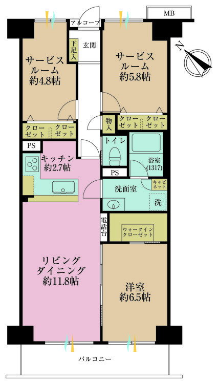 その他 1LDK+2S（納戸）、専有面積72.68m2、バルコニー面積7.54m2