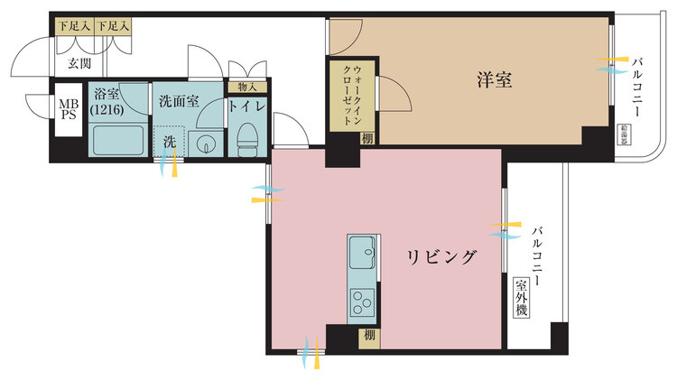間取り 1LDK、専有面積56.81m2、バルコニー面積5.98m2