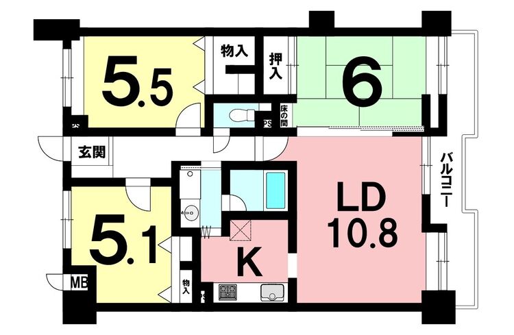 間取り 3LDK、東南向きバルコニー【専有面積70.65m2】