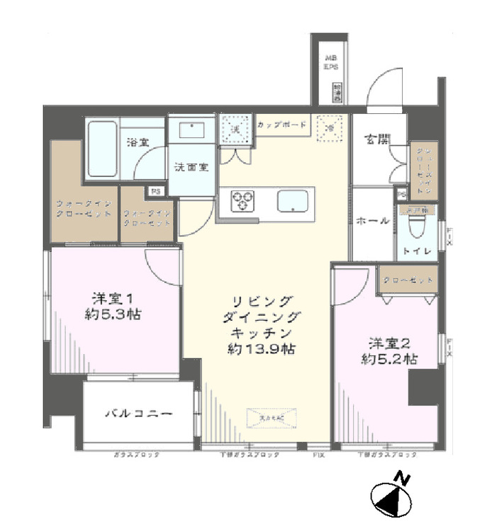 その他 2LDK、専有面積57.49m2、バルコニー面積3.72m2